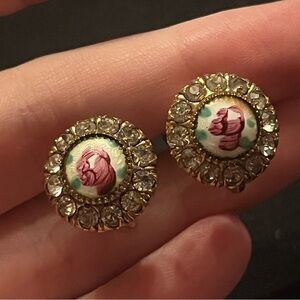 Vintage Guilloche Enamel Pink Rose Earrings with Rhinestones Screwbacks
